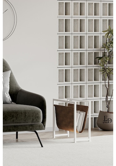 Coral Koltuk Yanı Dergilik , Gazetelik , Kitaplık, Beyaz Metal - Kahverengi Deri