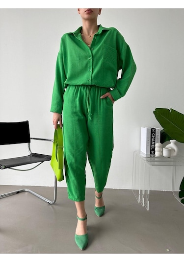 Kadın Oversize Keten Gömlek Pantolon Alt Üst Takım Yeşil