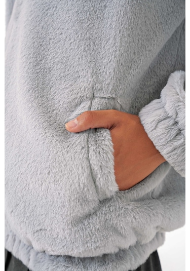 Gabria Kapüşonlu Pelüş Mont Açık Gri