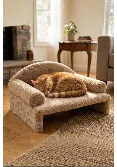 Reyo Pet Peluş Kedi Oturma Koltuğu Kedi Yatağı Bej