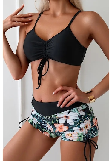 Angelsin Büzgü Ayarlı Baskılı Bikini Takımı Siyah