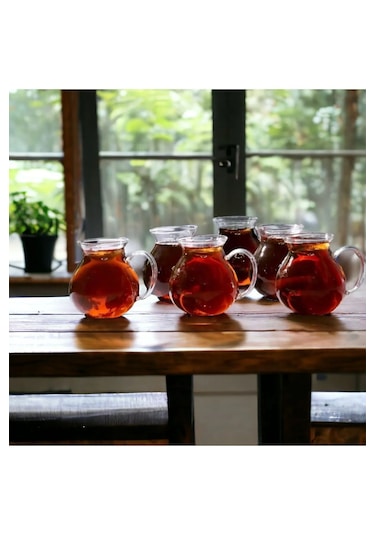 6'lı Keyfi Ala Borosilikat Cam Kulplu Çay Bardağı 220ml Bardak