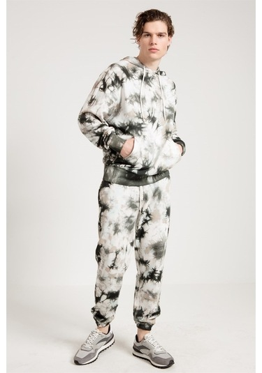 Jahr Marc Batik Yıkamalı Gri Oversize Erkek Kapüşonlu Sweatshirt Gri