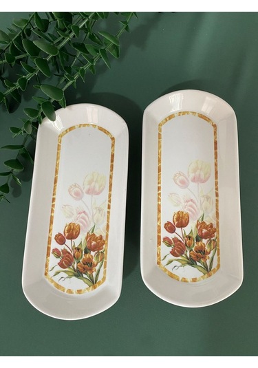 Vintage Lale 2 Adet Oval Kahvaltı Tabağı Kızıl Kahve