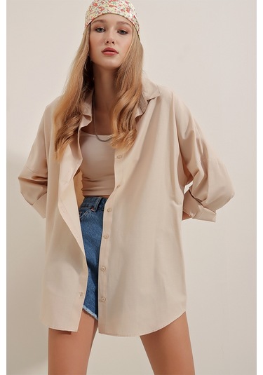 Bigdart 3900 Oversize Uzun Basic Gömlek - Krem 001