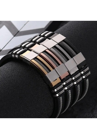 Siyah Moda Paslanmaz Çelik Bilezikler Bilek Bandı Siyah Silikon Punk Bileklik Rahat Bilezik Siyah
