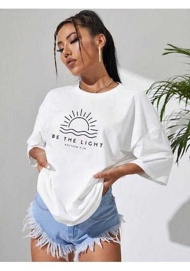 Be The Lıght Kadın Renkli Özel Baskılı Oversize Süprem Bisiklet Yaka T-shirt Beyaz