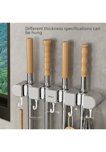 Mufunye Duvar Montajlı Dürtme Yok 4 Klipsli Gri Mop Tutucu - Çok Fonksiyonlu Temizlik Gereçleri Saklama Rafı Diğer