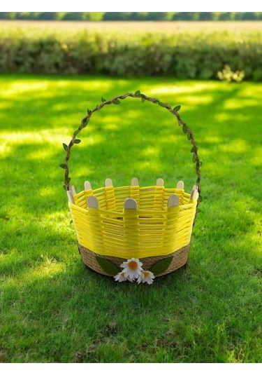 Sepet Takı Organizer Makyaj Kutusu Hasır El Yapımı Çok Amaçlı Komidin Üstü Sarı