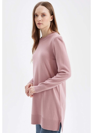 Defacto Regular Fit Bisiklet Yaka Yırtmaçlı  Basic Düz Kazak Tunik H3431AZ24AUBR451 Bordo