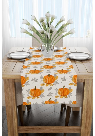 Turuncu Halloween Balkabağı Desenli Dijital Baskılı Runner Cgh759