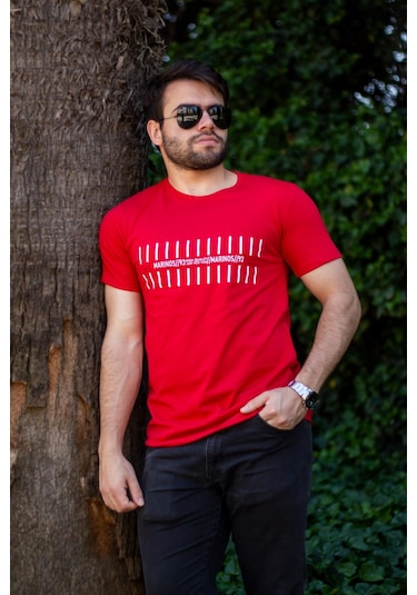 Erkek Kırmızı Çizgi Baskılı Normal Kesim Bisiklet Yaka Erkek Tişört 22etshmros 001