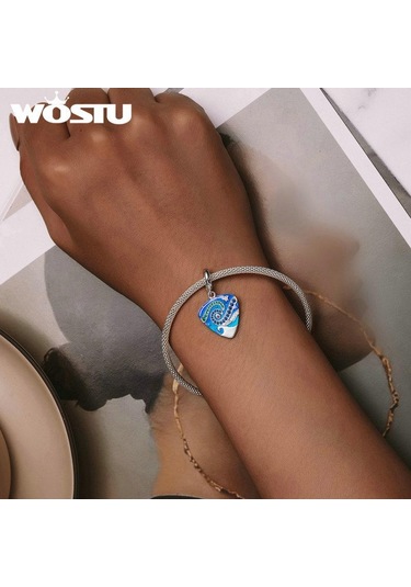 Wostu Müzik Hediyeler 925 Ayar Gümüş Gitar Mızrap Mavi Emaye Narin Charm Kolye Kadınlar Genç Kızlar İçin Gümüş