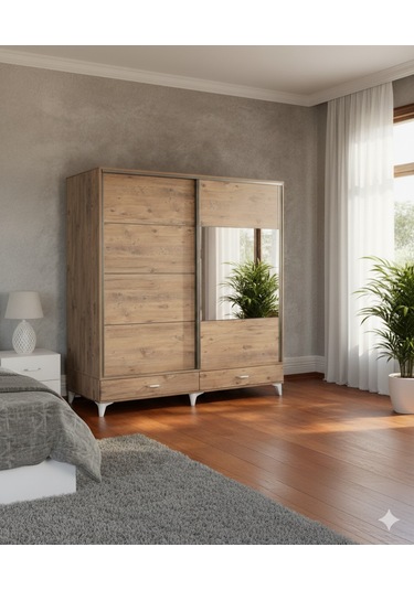 Güneş Sürgülü Dolap Çekmeceli Gardırop Çam 180 Cm