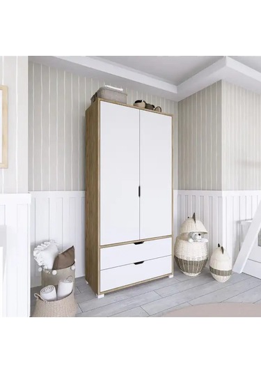 90 Cm Açık Ceviz-beyaz 2 Kapılı 2 Çekmeceli Elbise Dolabı - Gardırop Açık Ceviz & Beyaz