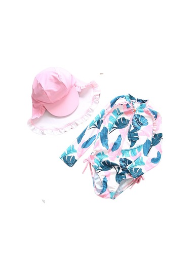 Upf50+ Kız Çocuk Mayo Beyaz Pembe Yeşil Yaprak Desenli Kolay Giyilen Mayo Şapka Set Pembe - Beyaz Upf50+ Kız Çocuk Mayo Beyaz Pembe Yeşil Yaprak Desenli Kolay Giyilen Mayo Şapka Set Pembe - Beyaz
