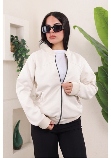 Bomber Kolej Su Geçirmez Ceket Açık Krem Süet