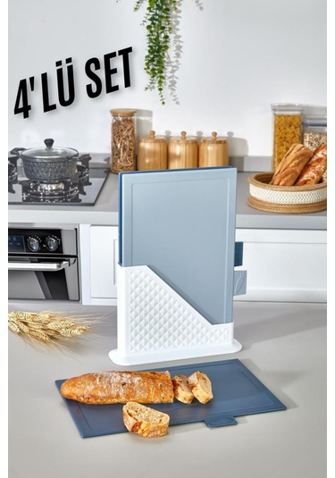 4 Parça Standlı Kesme Tahtası Seti - Ekmek/ Et/ Sebze Kesme Tahtası - Büyük Boy - Mavi
