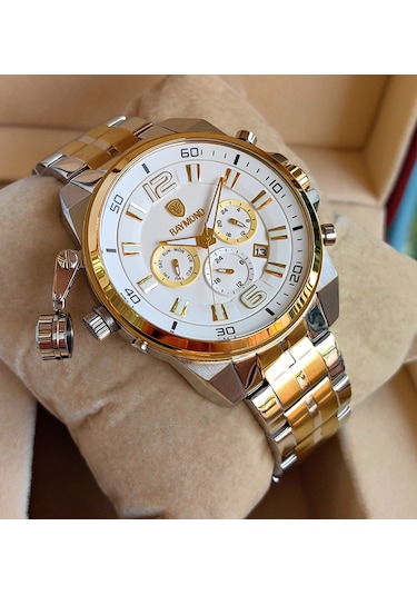 Raymond Gold Beyaz Kadran Çelik Erkek Kol Saati Altın - Gümüş