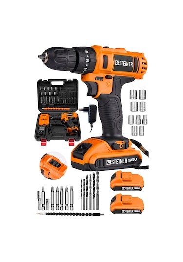 Steiner 56 V 5 Ah Çift Akülü Bakır Sargılı Darbeli Vidalama Matkap + 24 Parça Set Turuncu