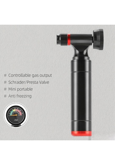 Vkemall Bisiklet İçin Co2 Şişirici - Presta Ve Schrader Valfler İçin Uyumlu - Basınç Ölçerli - Taşınabilir - Siyah Gaz Silindiri Dahil Değil