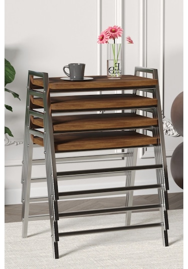 Zigon Sehpa , Aden 4'lü Tepsi Zigon Sehpa Takımı Gümüş Metal - Barok Tabla Gümüş-barok