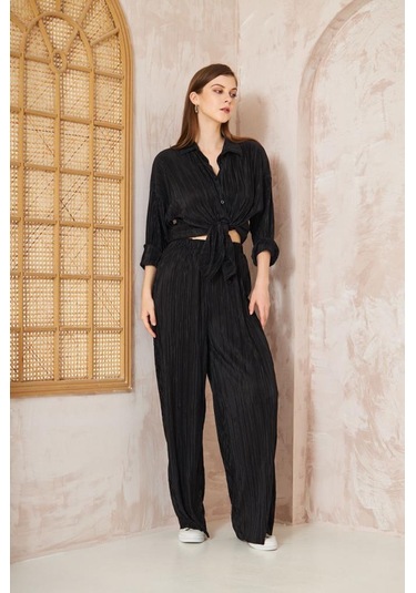 Kadın Pliseli Beli Lastikli Pantolon Tunik Gömlek Ikili Bürümcük Salaş Takım 3573300 Siyah
