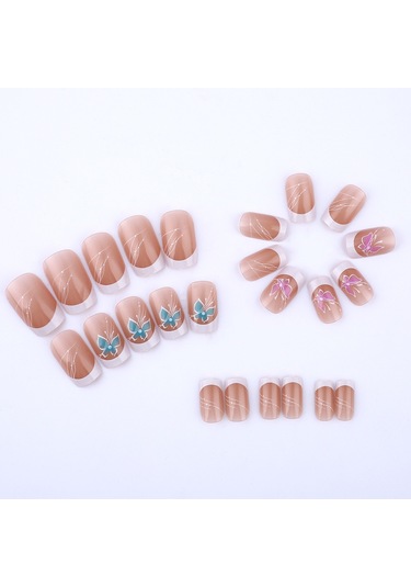 Kısa Parlak Fransız Düzensiz Takma Tırnak Çizgileri Mavi Ve Mor Kelebek Takma Tırnak 24 Parça Set Dahil Aletler Ys034