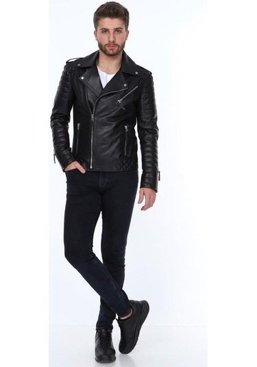 Hakiki Deri Siyah Manuel Fermuarlı Erkek Deri Ceket Siyah