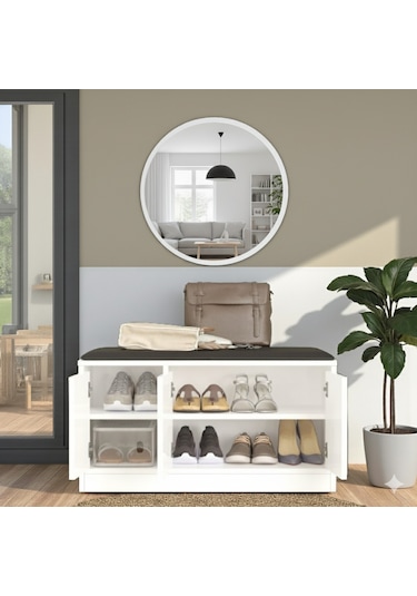 Robin Home Puflu Minderli Oturaklı Aynalı Ayakkabılık Dolap 90cm Beyaz Beyaz