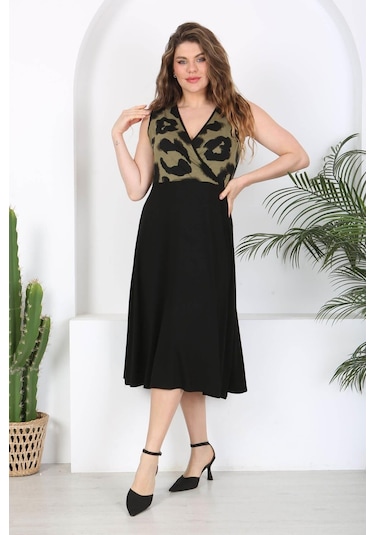 Kadın Siyah Haki Tiger Desen Bloklu Biye Detay Kruvaze Elbise-haki Haki