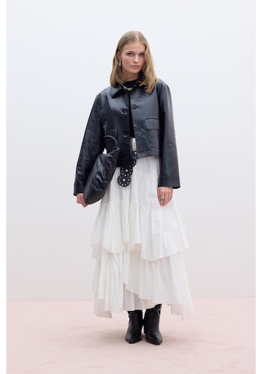 Katlı Boho Vual Etek Ekru Ekru