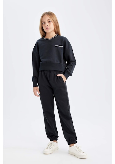 Defacto Kız Çocuk 2'li Takım Baskılı Bisiklet Yaka Sweatshirt Beli Lastikli Jogger Eşofman Altı D4054A824WNBK26 Siyah