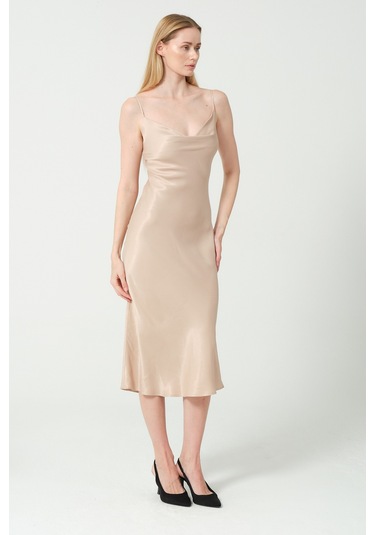 Degaje Döküm Saten Midi Elbise Multi Bej