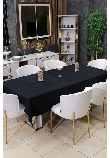 Dream 8 Parça Masa Örtüsü Seti Çeyiz Seti Salon Masa Örtüsü, Runner, 6'lı Peçete Siyah