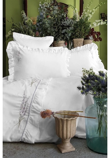 İssimo Lavanda Nakışlı 300 Tc Saten Nevresim Takımı Çift Kişilik-2125 Beyaz