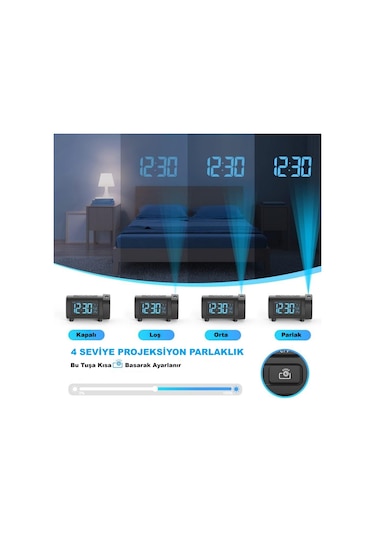 Hymark Mavi Projeksiyonlu Çalar Saat Fm Radyo Dijital Saat Usb Şarj Sıcaklık 4 Seviye Parlaklık Siyah