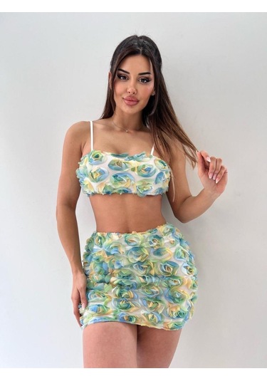 Yeşil Üç Boyutlu Çiçek Desenli Fermuar Detaylı-yeşil