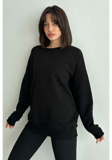 Kadın Siyah Bisiklet Yaka Oversize Sweatshirt Siyah