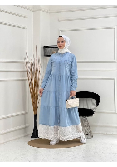 Dantelli Doğal Kumaşlı Boydan Düğmeli Kot Elbise - 001