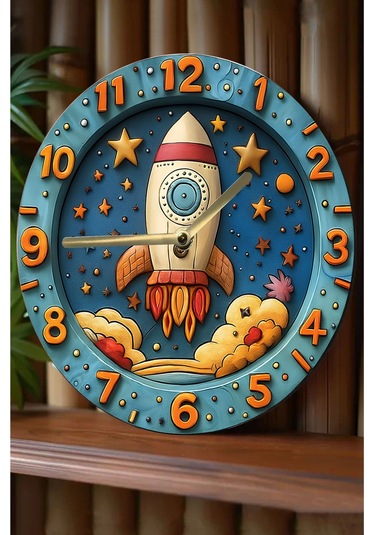 Roket Ve Uzay Temalı Çocuk Mdf Duvar Saati 3d Görünümlü, 2d Hd Baskı, Sessiz Mekanizma Sdw236 Renkli
