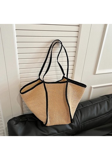 Yogodlns Moda Tığ Çanta Kadın Yaz Plaj Çantası Boho Dokuma Omuz Çantası 30cm Max Length 50cm Bej Bej