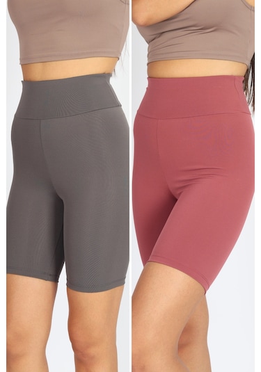 Soft&Basic Kadın 2'li Bıker Toparlayıcı Esnek Kısa Spor Tayt Antrasit-rose