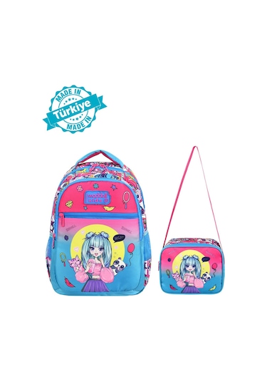 Waddell Lisanslı Pembe-turkuaz Anime Kız Desenli Kız Çocuk İlkokul Sırt Çantası Ve Beslenme Çantası