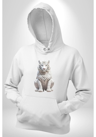 Beyaz Kaplan Kadın Erkek Beyaz Kapüşonlu Sweatshirt Hoodie Beyaz