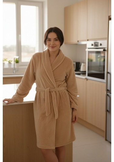 Lumor Şal Yaka Wellsoft Peluş Yumuşak Sabahlık Bej Bej