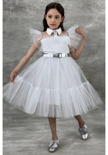 Ricctarz Kız Çocuk Gömlek Yaka Göğsü Ve Kolları Tül Detaylı Wednesday Beyaz Elbise Beyaz