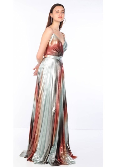 Kadın Ince Askılı Piliseli Parlak Abiye Renkli