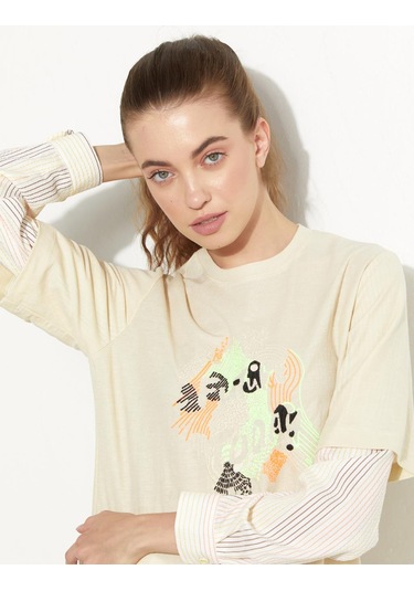 Baskılı Katmanlı Sweat-krem Krem