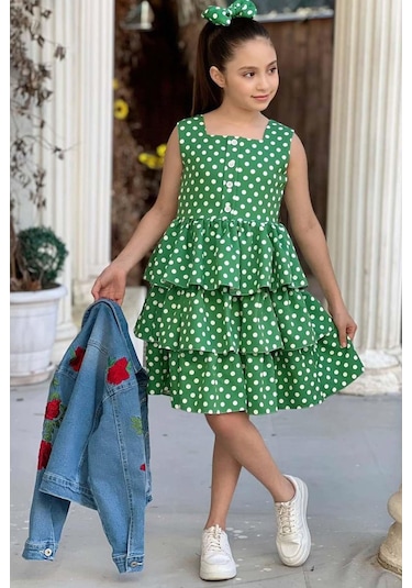 Riccotarz Kız Çocuk Çiçek Baskılı Kot Ceket Puantiyeli Kat Kat Piliseli Yeşil Elbise 001